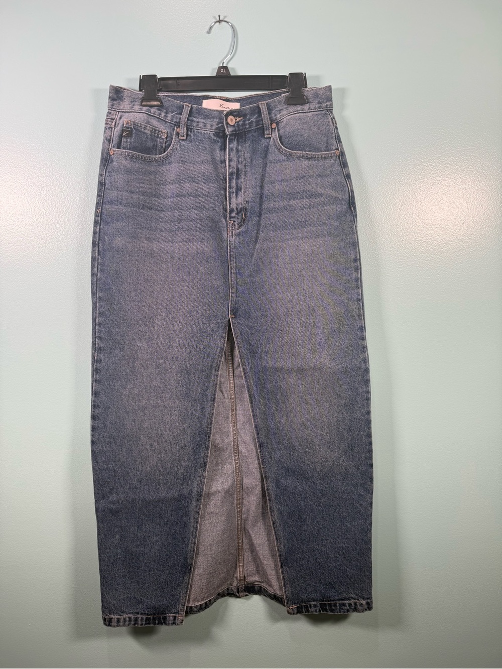 KanCan Straight-Leg Dark Blue Denim Skirt with Front Slit
